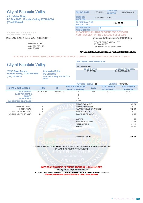 USA California City of Fountain Valley business utility bill template in Word and PDF formats